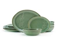 Eka High Quality Silk Screen Printing Stoneware Serveware Set 12 Piece Plate And Bowl Wholesale Green Dinnerware Set